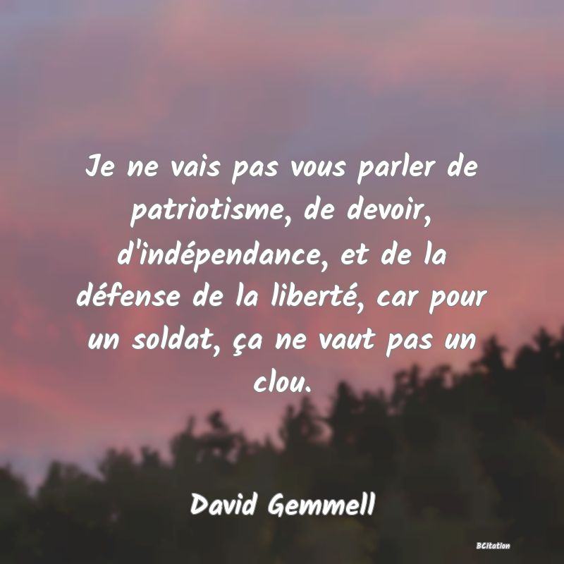 Belle Citation - Je ne vais pas vous parler de patriotisme, de devoir, d'indépendance, et de la défense de la liberté, car pour un soldat, ça ne vaut pas un clou. - David Gemmell