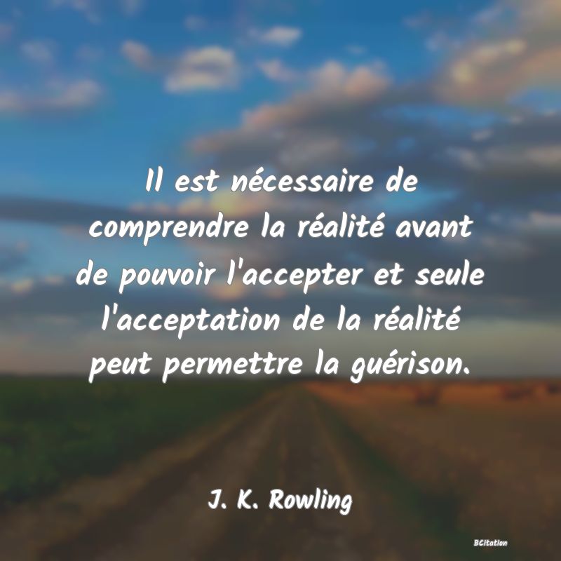 image de citation: Il est nécessaire de comprendre la réalité avant de pouvoir l'accepter et seule l'acceptation de la réalité peut permettre la guérison.