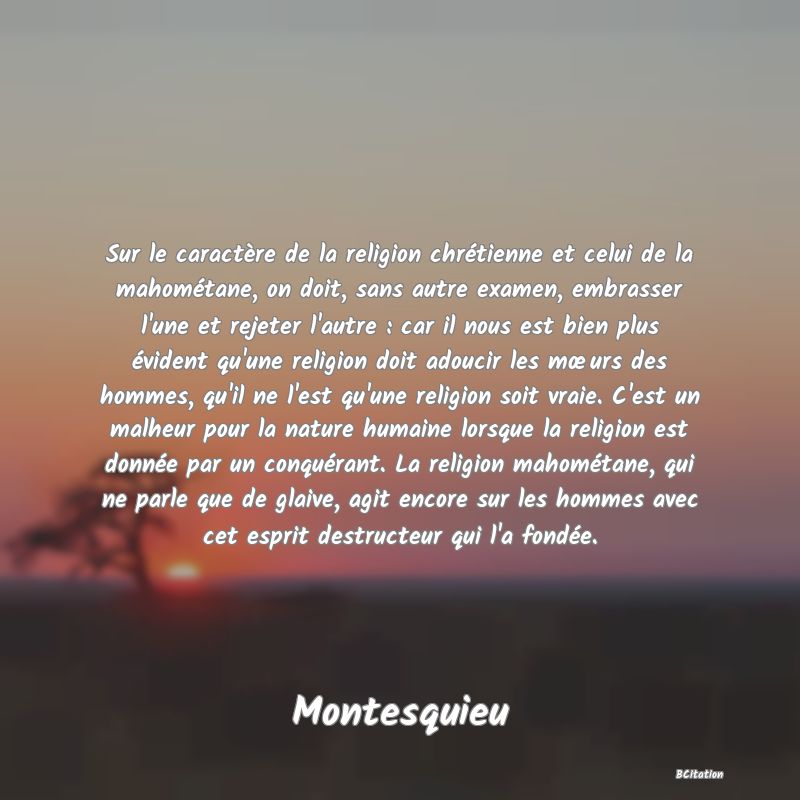 image de citation: Sur le caractère de la religion chrétienne et celui de la mahométane, on doit, sans autre examen, embrasser l'une et rejeter l'autre : car il nous est bien plus évident qu'une religion doit adoucir les mœurs des hommes, qu'il ne l'est qu'une religion soit vraie. C'est un malheur pour la nature humaine lorsque la religion est donnée par un conquérant. La religion mahométane, qui ne parle que de glaive, agit encore sur les hommes avec cet esprit destructeur qui l'a fondée.