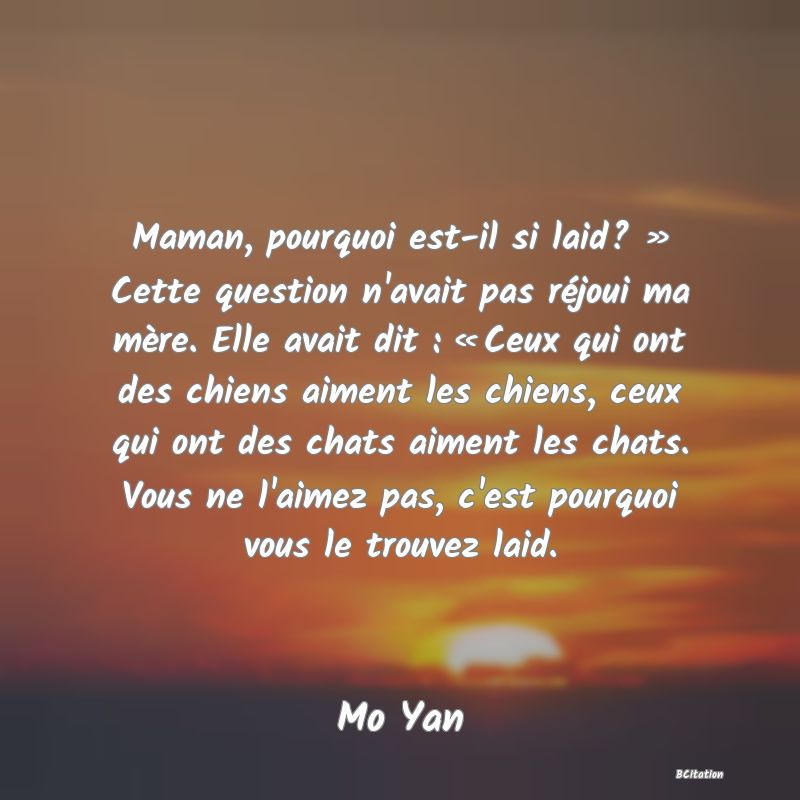 image de citation: Maman, pourquoi est-il si laid? » Cette question n'avait pas réjoui ma mère. Elle avait dit : « Ceux qui ont des chiens aiment les chiens, ceux qui ont des chats aiment les chats. Vous ne l'aimez pas, c'est pourquoi vous le trouvez laid.