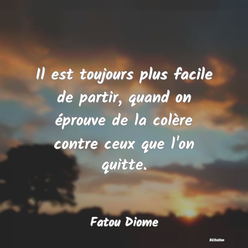 image de citation: Il est toujours plus facile de partir, quand on éprouve de la colère contre ceux que l'on quitte.