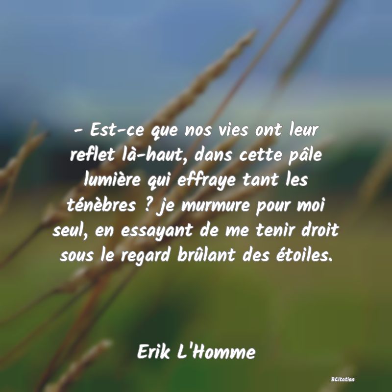 image de citation: - Est-ce que nos vies ont leur reflet là-haut, dans cette pâle lumière qui effraye tant les ténèbres ? je murmure pour moi seul, en essayant de me tenir droit sous le regard brûlant des étoiles.