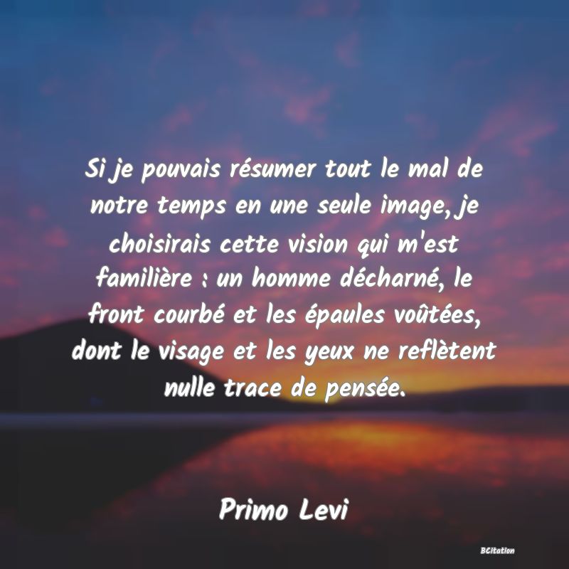 image de citation: Si je pouvais résumer tout le mal de notre temps en une seule image, je choisirais cette vision qui m'est familière : un homme décharné, le front courbé et les épaules voûtées, dont le visage et les yeux ne reflètent nulle trace de pensée.