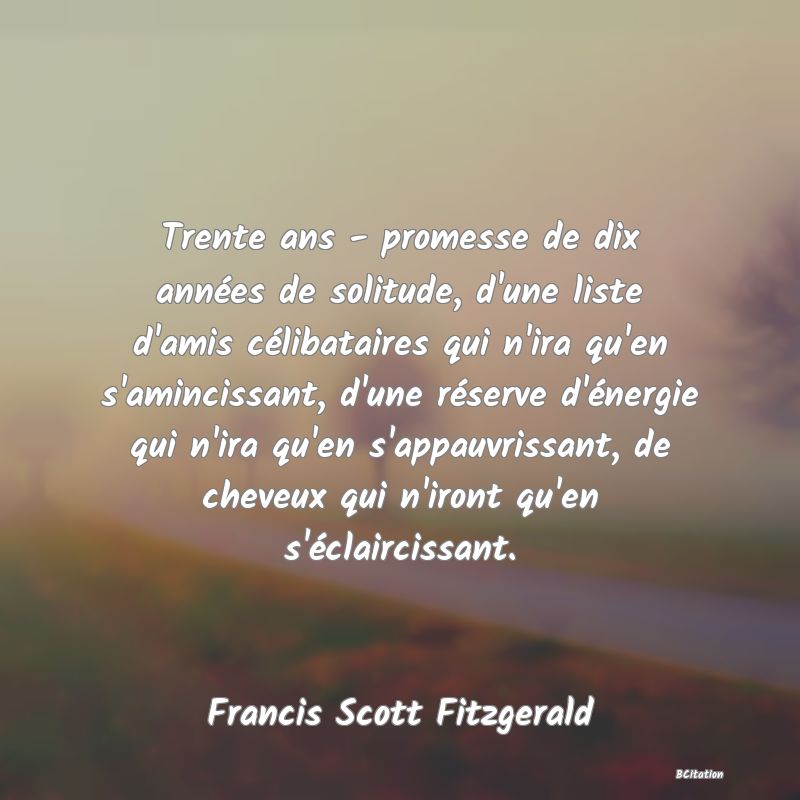 image de citation: Trente ans - promesse de dix années de solitude, d'une liste d'amis célibataires qui n'ira qu'en s'amincissant, d'une réserve d'énergie qui n'ira qu'en s'appauvrissant, de cheveux qui n'iront qu'en s'éclaircissant.