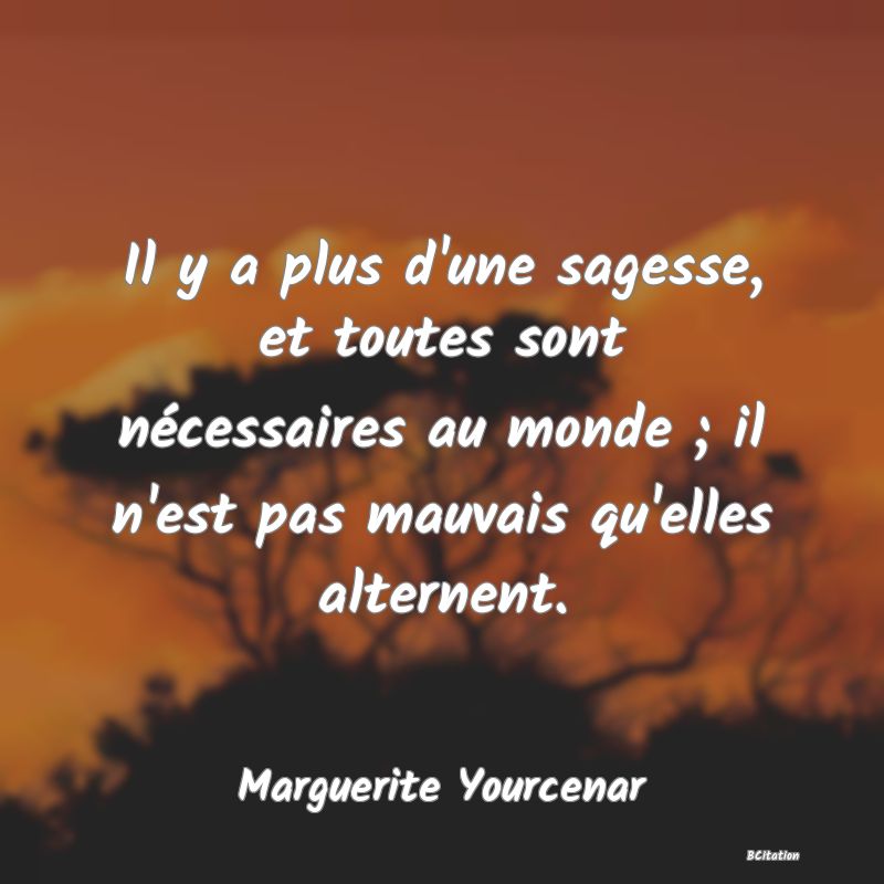 image de citation: Il y a plus d'une sagesse, et toutes sont nécessaires au monde ; il n'est pas mauvais qu'elles alternent.