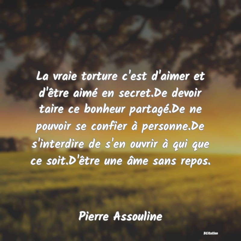 image de citation: La vraie torture c'est d'aimer et d'être aimé en secret.De devoir taire ce bonheur partagé.De ne pouvoir se confier à personne.De s'interdire de s'en ouvrir à qui que ce soit.D'être une âme sans repos.