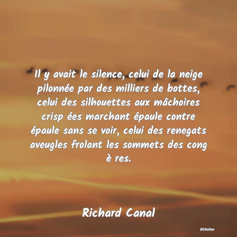 image de citation: Il y avait le silence, celui de la neige pilonnée par des milliers de bottes, celui des silhouettes aux mâchoires crisp ées marchant épaule contre épaule sans se voir, celui des renegats aveugles frolant les sommets des cong è res.