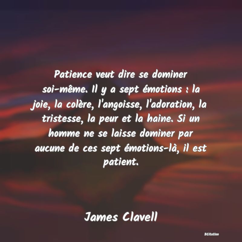 image de citation: Patience veut dire se dominer soi-même. Il y a sept émotions : la joie, la colère, l'angoisse, l'adoration, la tristesse, la peur et la haine. Si un homme ne se laisse dominer par aucune de ces sept émotions-là, il est patient.