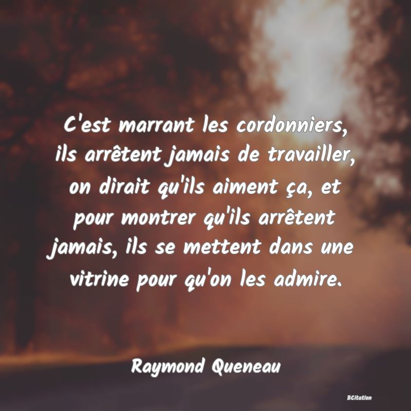 image de citation: C'est marrant les cordonniers, ils arrêtent jamais de travailler, on dirait qu'ils aiment ça, et pour montrer qu'ils arrêtent jamais, ils se mettent dans une vitrine pour qu'on les admire.