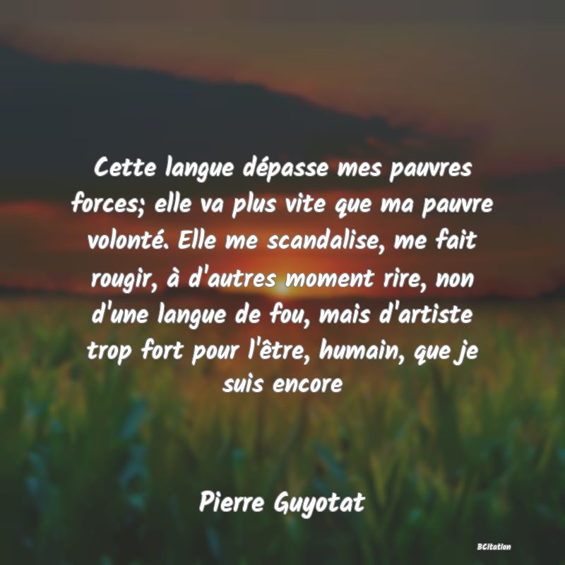 image de citation: Cette langue dépasse mes pauvres forces; elle va plus vite que ma pauvre volonté. Elle me scandalise, me fait rougir, à d'autres moment rire, non d'une langue de fou, mais d'artiste trop fort pour l'être, humain, que je suis encore