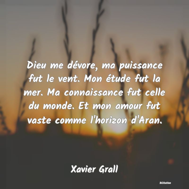 image de citation: Dieu me dévore, ma puissance fut le vent. Mon étude fut la mer. Ma connaissance fut celle du monde. Et mon amour fut vaste comme l'horizon d'Aran.