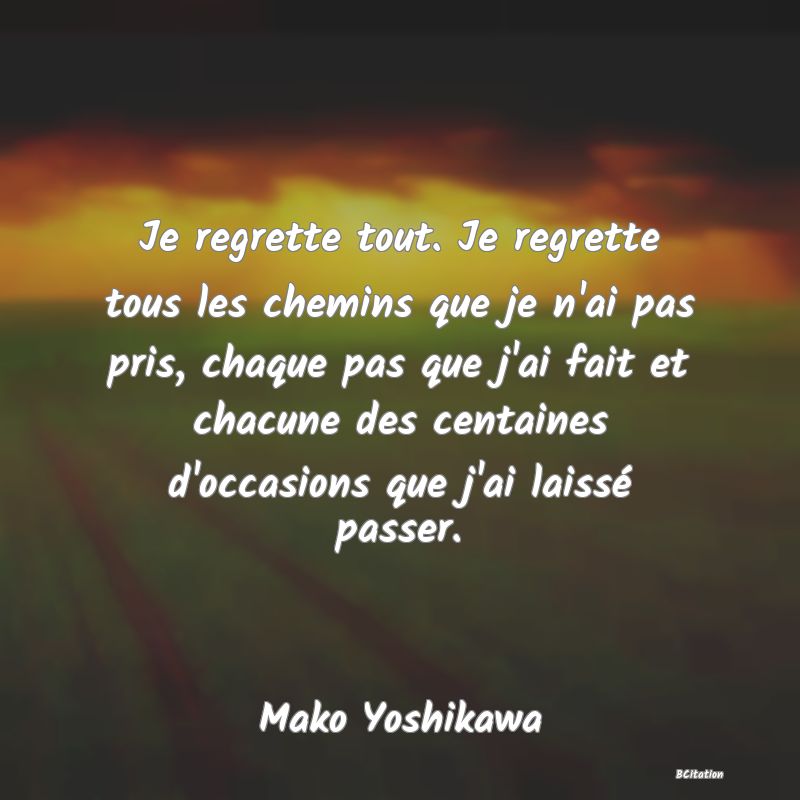 image de citation: Je regrette tout. Je regrette tous les chemins que je n'ai pas pris, chaque pas que j'ai fait et chacune des centaines d'occasions que j'ai laissé passer.