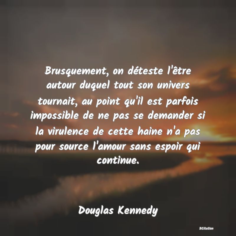 image de citation: Brusquement, on déteste l'être autour duquel tout son univers tournait, au point qu'il est parfois impossible de ne pas se demander si la virulence de cette haine n'a pas pour source l'amour sans espoir qui continue.