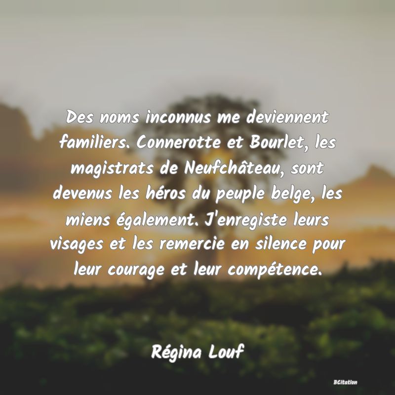 image de citation: Des noms inconnus me deviennent familiers. Connerotte et Bourlet, les magistrats de Neufchâteau, sont devenus les héros du peuple belge, les miens également. J'enregiste leurs visages et les remercie en silence pour leur courage et leur compétence.