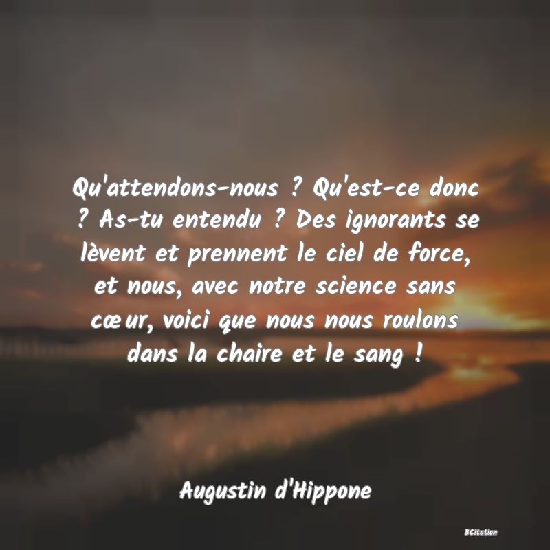 Belle Citation - Qu'attendons-nous ? Qu'est-ce donc ? As-tu entendu ? Des ignorants se lèvent et prennent le ciel de force, et nous, avec notre science sans cœur, voici que nous nous roulons dans la chaire et le sang ! - Augustin d'Hippone