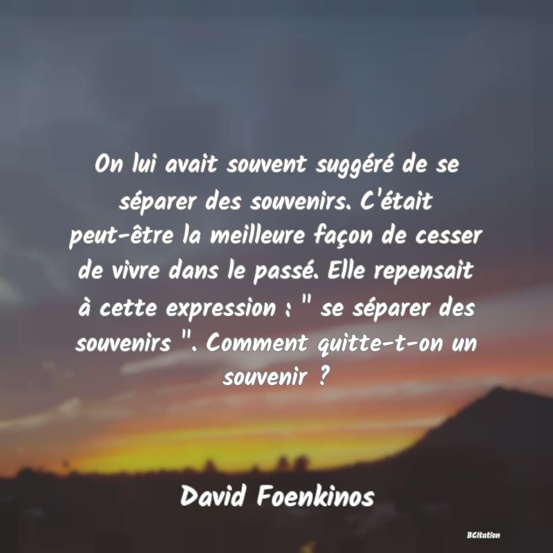 image de citation: On lui avait souvent suggéré de se séparer des souvenirs. C'était peut-être la meilleure façon de cesser de vivre dans le passé. Elle repensait à cette expression :   se séparer des souvenirs  . Comment quitte-t-on un souvenir ?