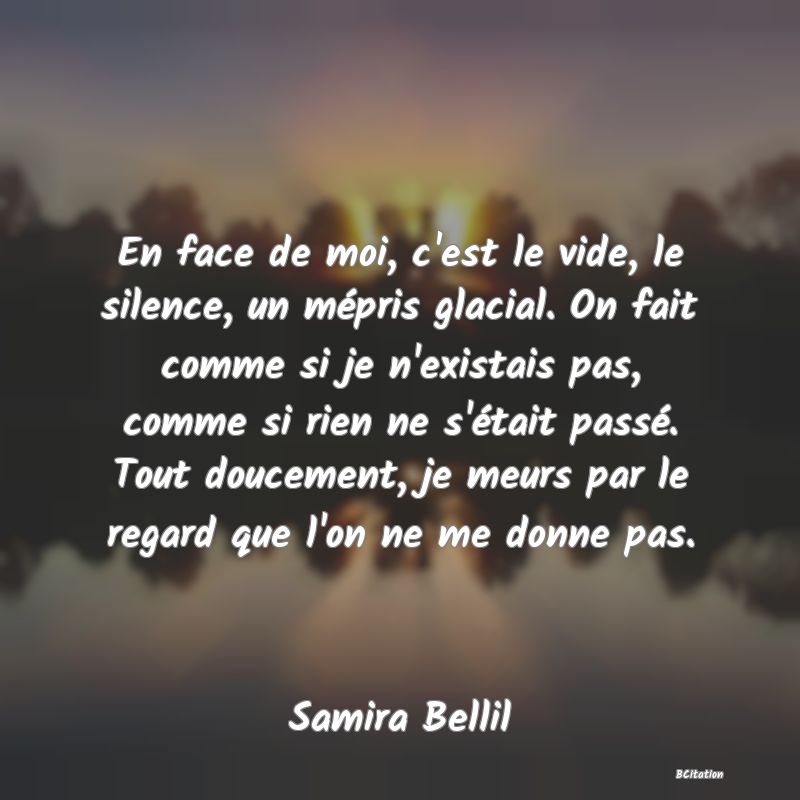 image de citation: En face de moi, c'est le vide, le silence, un mépris glacial. On fait comme si je n'existais pas, comme si rien ne s'était passé. Tout doucement, je meurs par le regard que l'on ne me donne pas.