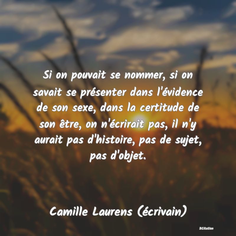 image de citation: Si on pouvait se nommer, si on savait se présenter dans l'évidence de son sexe, dans la certitude de son être, on n'écrirait pas, il n'y aurait pas d'histoire, pas de sujet, pas d'objet.