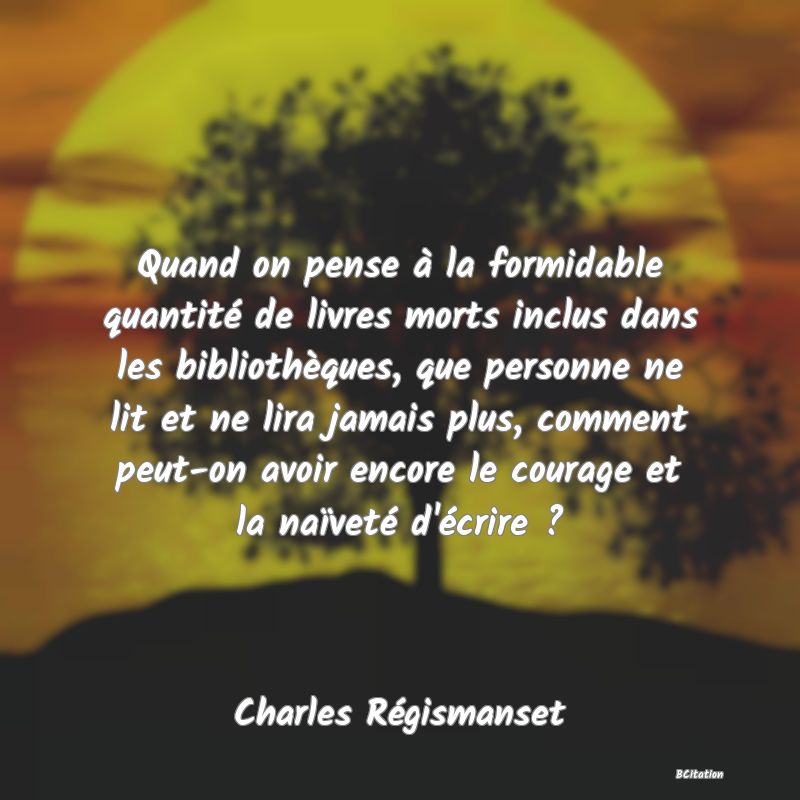 image de citation: Quand on pense à la formidable quantité de livres morts inclus dans les bibliothèques, que personne ne lit et ne lira jamais plus, comment peut-on avoir encore le courage et la naïveté d'écrire ?