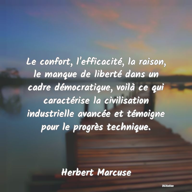 image de citation: Le confort, l'efficacité, la raison, le manque de liberté dans un cadre démocratique, voilà ce qui caractérise la civilisation industrielle avancée et témoigne pour le progrès technique.