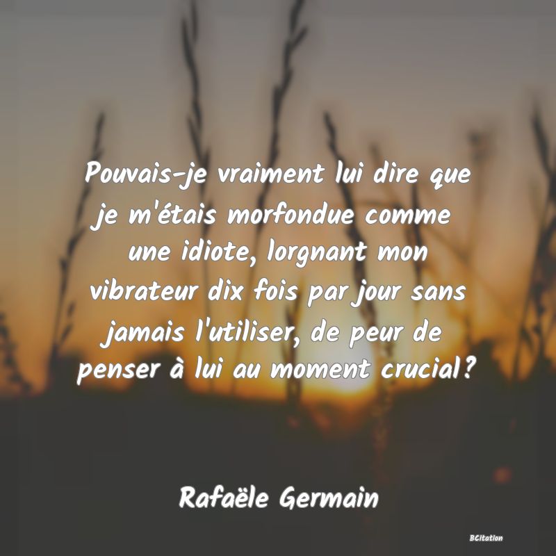 image de citation: Pouvais-je vraiment lui dire que je m'étais morfondue comme une idiote, lorgnant mon vibrateur dix fois par jour sans jamais l'utiliser, de peur de penser à lui au moment crucial?