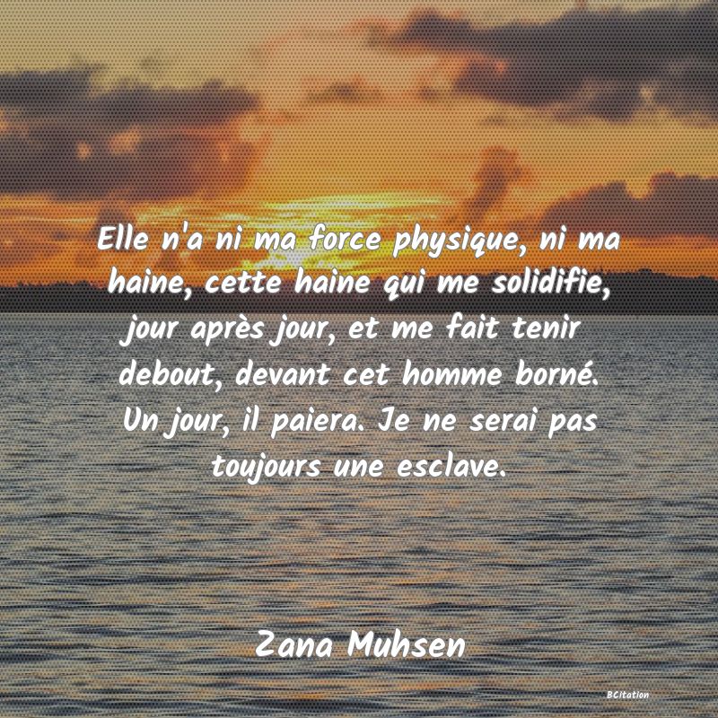 image de citation: Elle n'a ni ma force physique, ni ma haine, cette haine qui me solidifie, jour après jour, et me fait tenir debout, devant cet homme borné. Un jour, il paiera. Je ne serai pas toujours une esclave.