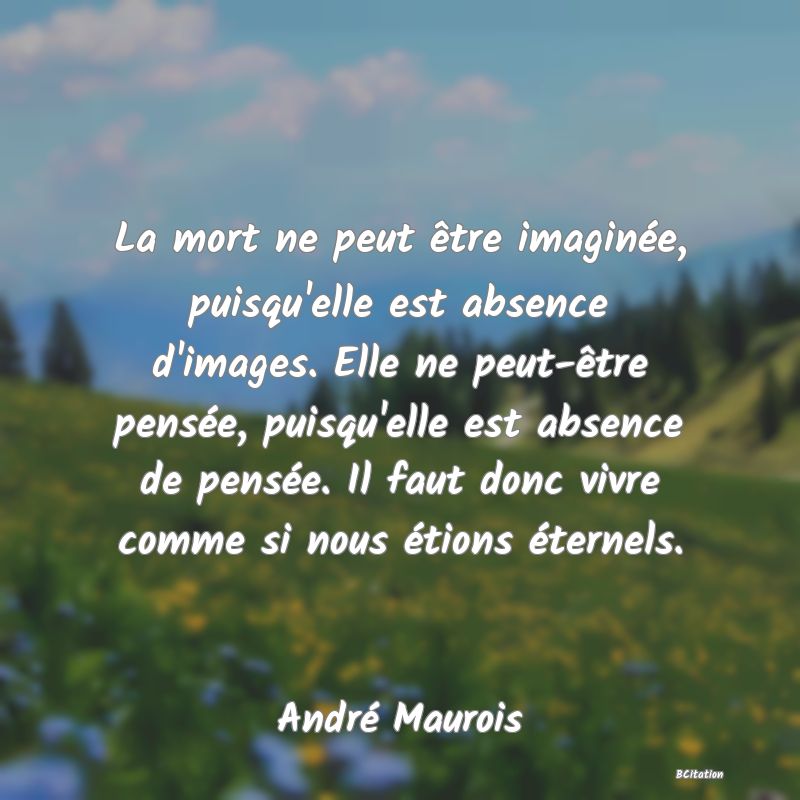 image de citation: La mort ne peut être imaginée, puisqu'elle est absence d'images. Elle ne peut-être pensée, puisqu'elle est absence de pensée. Il faut donc vivre comme si nous étions éternels.