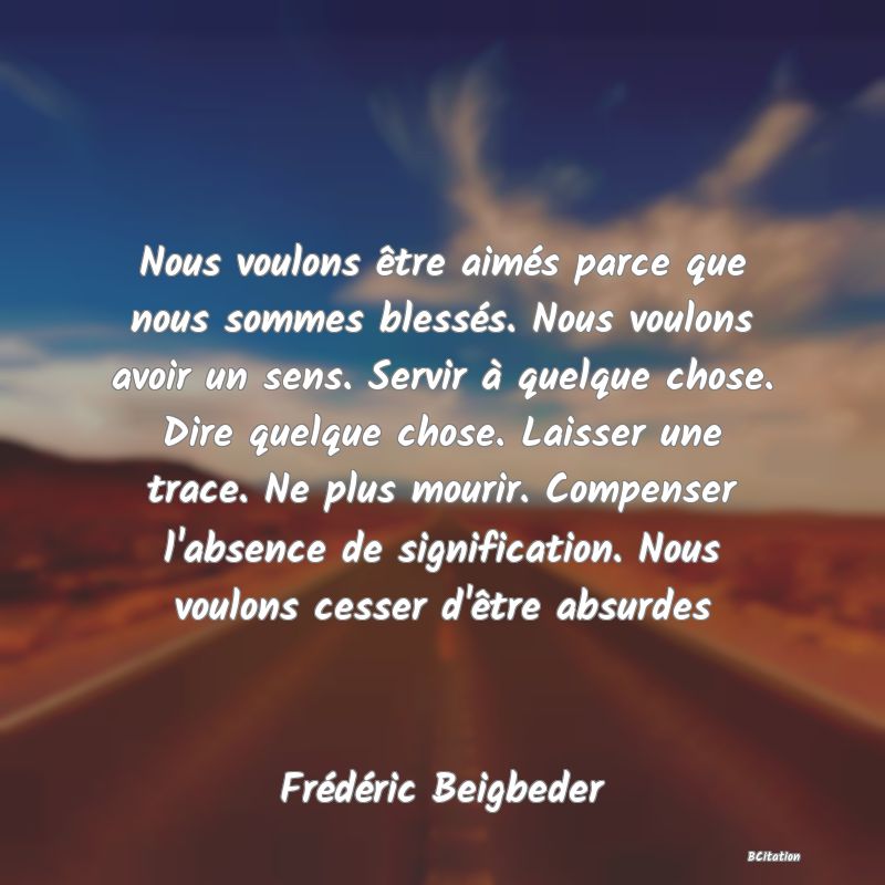 image de citation: Nous voulons être aimés parce que nous sommes blessés. Nous voulons avoir un sens. Servir à quelque chose. Dire quelque chose. Laisser une trace. Ne plus mourir. Compenser l'absence de signification. Nous voulons cesser d'être absurdes