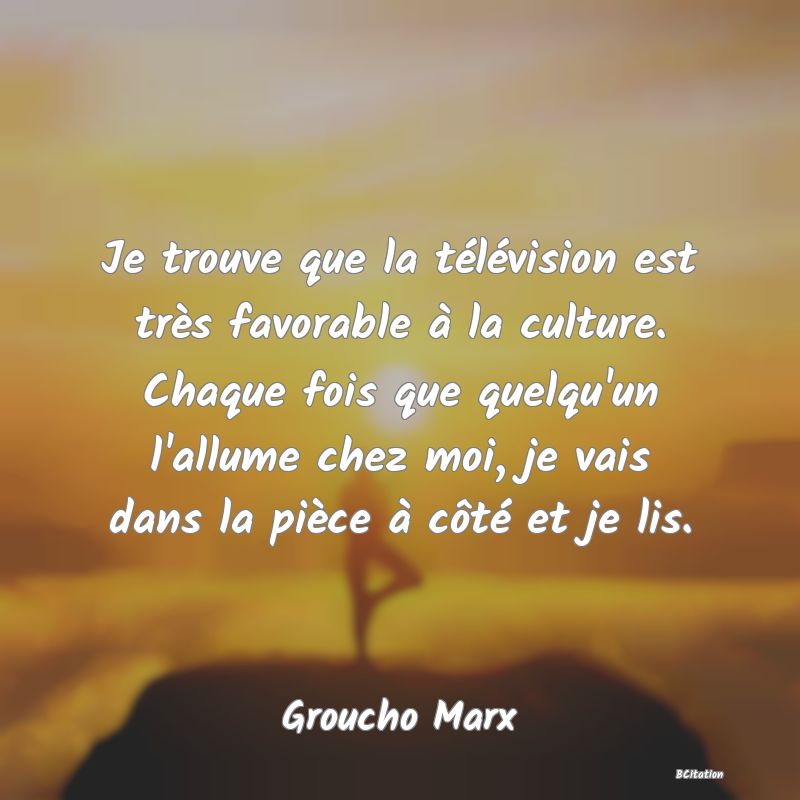 image de citation: Je trouve que la télévision est très favorable à la culture. Chaque fois que quelqu'un l'allume chez moi, je vais dans la pièce à côté et je lis.