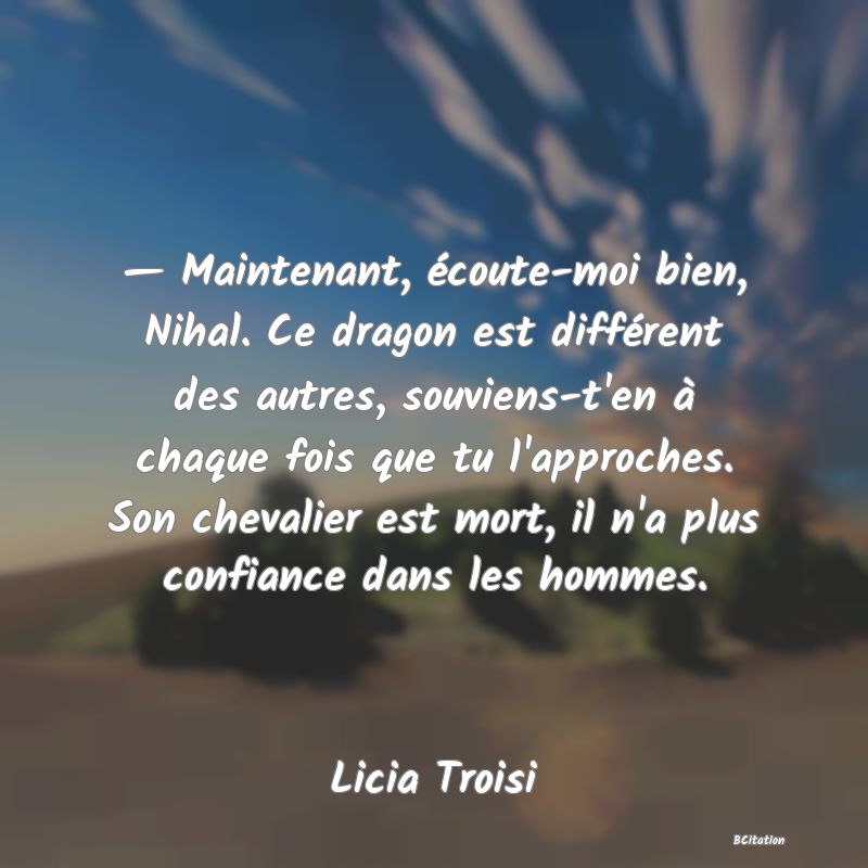 image de citation: — Maintenant, écoute-moi bien, Nihal. Ce dragon est différent des autres, souviens-t'en à chaque fois que tu l'approches. Son chevalier est mort, il n'a plus confiance dans les hommes.