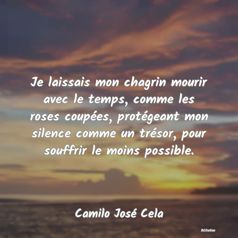 image de citation: Je laissais mon chagrin mourir avec le temps, comme les roses coupées, protégeant mon silence comme un trésor, pour souffrir le moins possible.