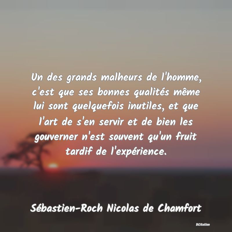 image de citation: Un des grands malheurs de l'homme, c'est que ses bonnes qualités même lui sont quelquefois inutiles, et que l'art de s'en servir et de bien les gouverner n'est souvent qu'un fruit tardif de l'expérience.