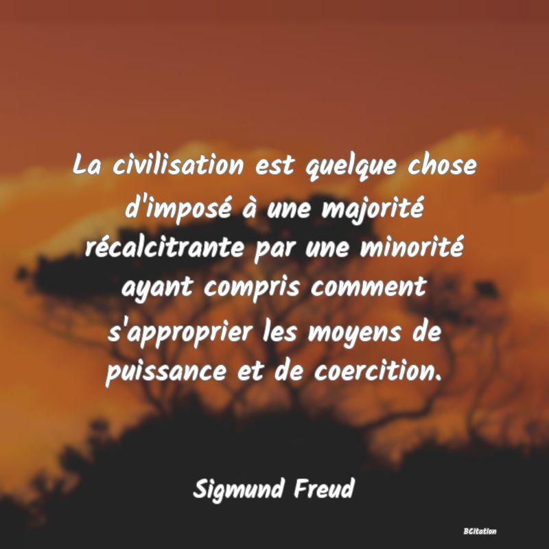 image de citation: La civilisation est quelque chose d'imposé à une majorité récalcitrante par une minorité ayant compris comment s'approprier les moyens de puissance et de coercition.