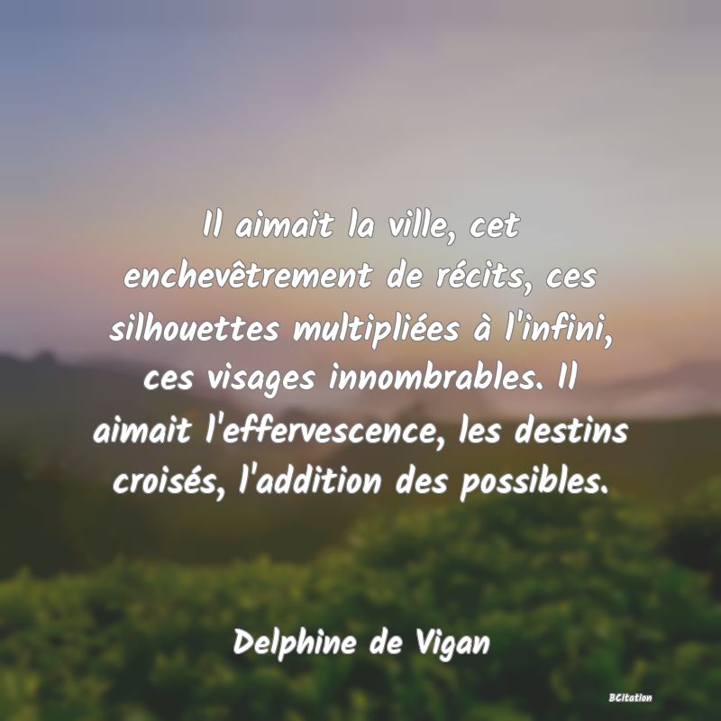 Belle Citation - Il aimait la ville, cet enchevêtrement de récits, ces silhouettes multipliées à l'infini, ces visages innombrables. Il aimait l'effervescence, les destins croisés, l'addition des possibles. - Delphine de Vigan
