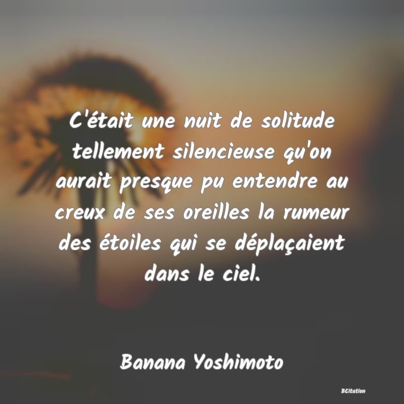 image de citation: C'était une nuit de solitude tellement silencieuse qu'on aurait presque pu entendre au creux de ses oreilles la rumeur des étoiles qui se déplaçaient dans le ciel.