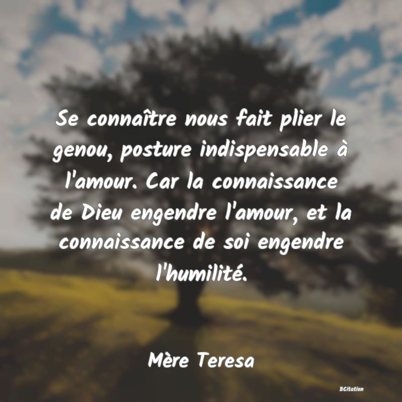 Belle Citation - Se connaître nous fait plier le genou, posture indispensable à l'amour. Car la connaissance de Dieu engendre l'amour, et la connaissance de soi engendre l'humilité. - Mère Teresa