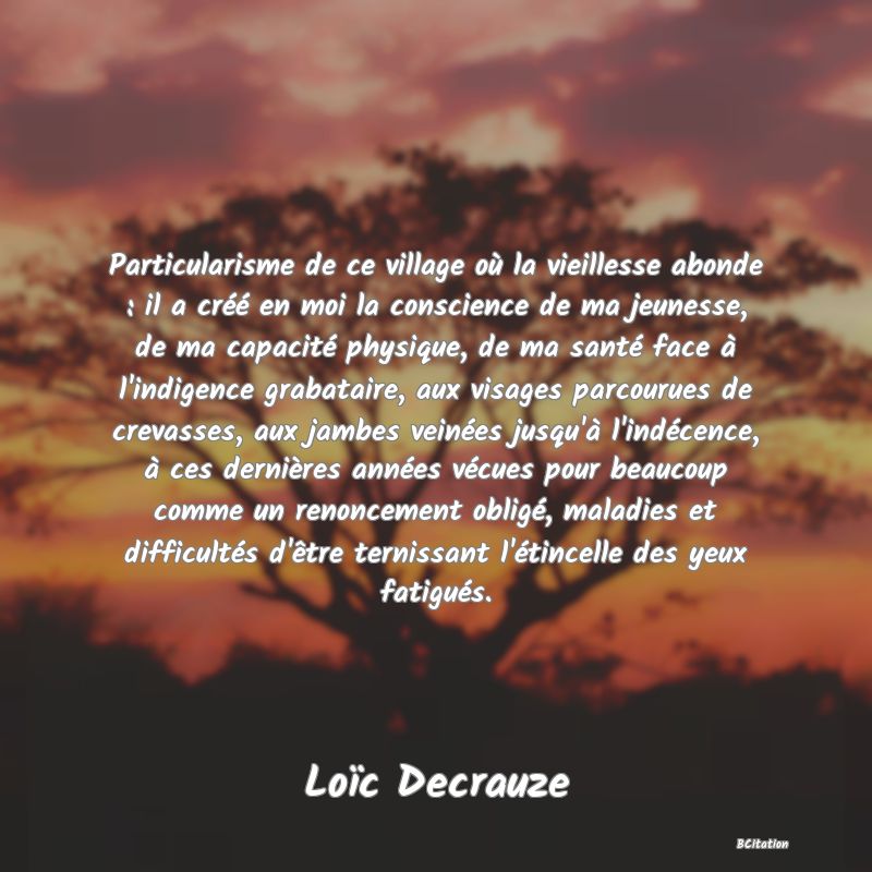 Belle Citation - Particularisme de ce village où la vieillesse abonde : il a créé en moi la conscience de ma jeunesse, de ma capacité physique, de ma santé face à l'indigence grabataire, aux visages parcourues de crevasses, aux jambes veinées jusqu'à l'indécence, à ces dernières années vécues pour beaucoup comme un renoncement obligé, maladies et difficultés d'être ternissant l'étincelle des yeux fatigués. - Loïc Decrauze