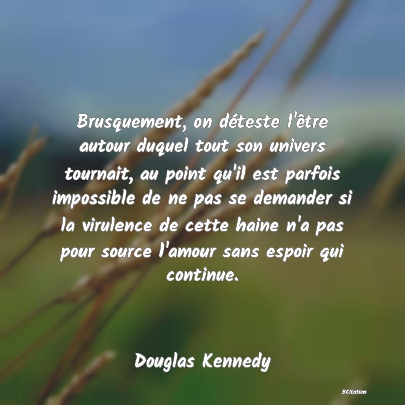 image de citation: Brusquement, on déteste l'être autour duquel tout son univers tournait, au point qu'il est parfois impossible de ne pas se demander si la virulence de cette haine n'a pas pour source l'amour sans espoir qui continue.