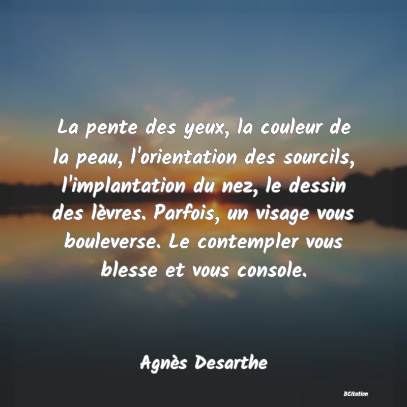 image de citation: La pente des yeux, la couleur de la peau, l'orientation des sourcils, l'implantation du nez, le dessin des lèvres. Parfois, un visage vous bouleverse. Le contempler vous blesse et vous console.