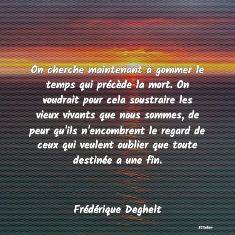 image de citation: On cherche maintenant à gommer le temps qui précède la mort. On voudrait pour cela soustraire les vieux vivants que nous sommes, de peur qu'ils n'encombrent le regard de ceux qui veulent oublier que toute destinée a une fin.