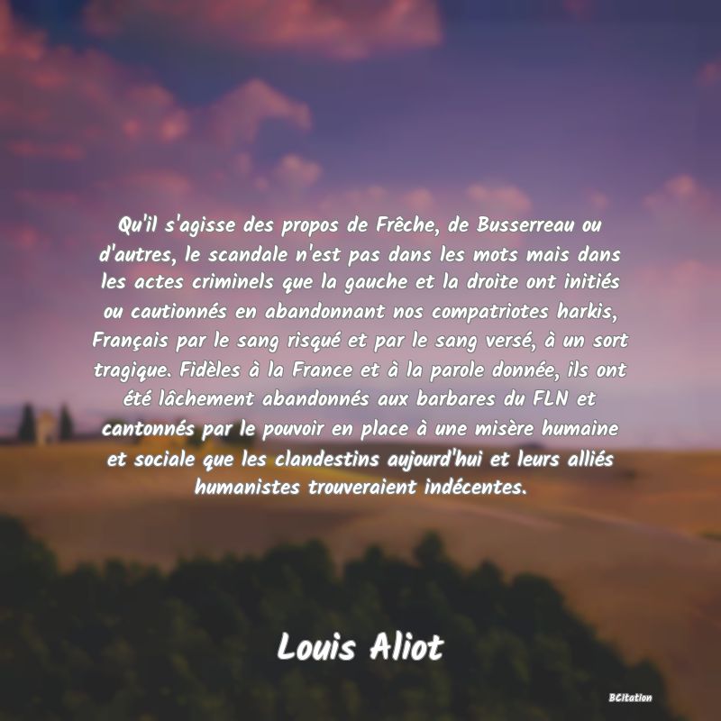 image de citation: Qu'il s'agisse des propos de Frêche, de Busserreau ou d'autres, le scandale n'est pas dans les mots mais dans les actes criminels que la gauche et la droite ont initiés ou cautionnés en abandonnant nos compatriotes harkis, Français par le sang risqué et par le sang versé, à un sort tragique. Fidèles à la France et à la parole donnée, ils ont été lâchement abandonnés aux barbares du FLN et cantonnés par le pouvoir en place à une misère humaine et sociale que les clandestins aujourd'hui et leurs alliés humanistes trouveraient indécentes.