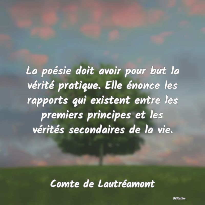 image de citation: La poésie doit avoir pour but la vérité pratique. Elle énonce les rapports qui existent entre les premiers principes et les vérités secondaires de la vie.