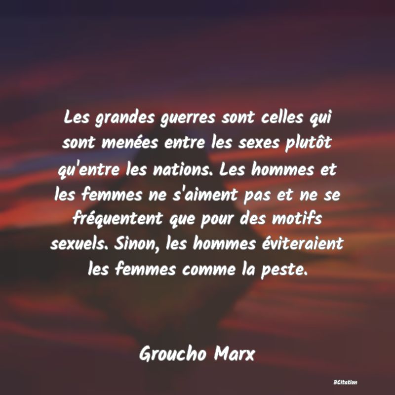 image de citation: Les grandes guerres sont celles qui sont menées entre les sexes plutôt qu'entre les nations. Les hommes et les femmes ne s'aiment pas et ne se fréquentent que pour des motifs sexuels. Sinon, les hommes éviteraient les femmes comme la peste.