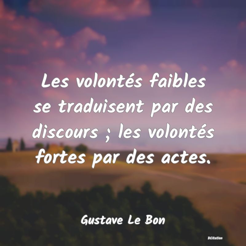 image de citation: Les volontés faibles se traduisent par des discours ; les volontés fortes par des actes.