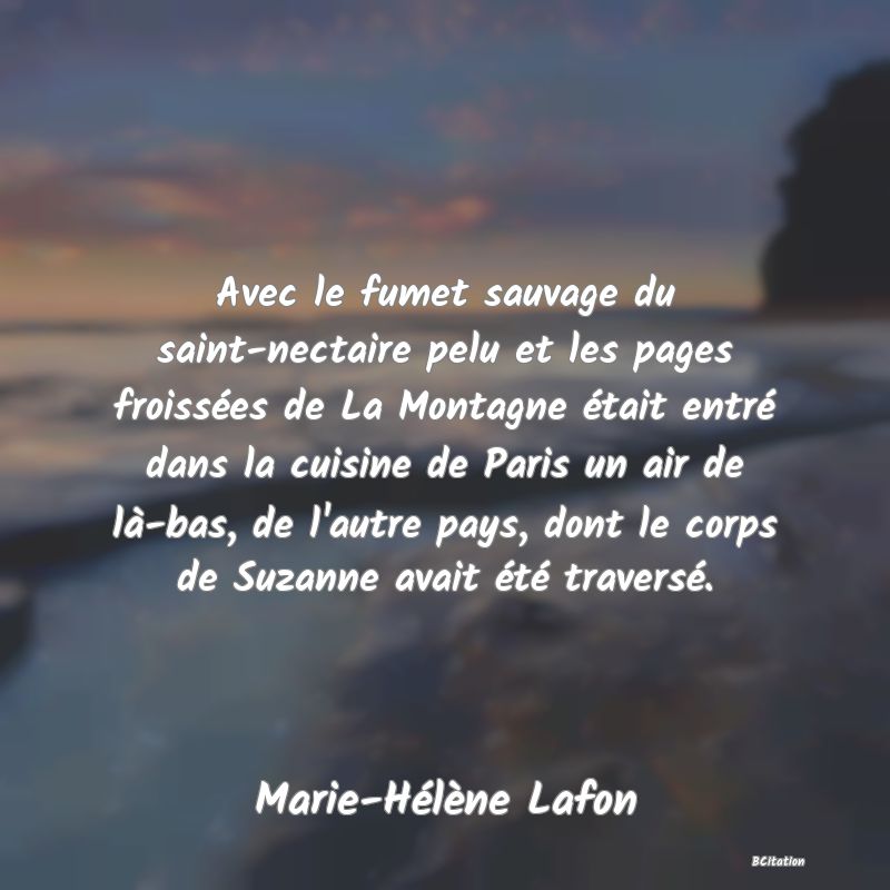 image de citation: Avec le fumet sauvage du saint-nectaire pelu et les pages froissées de La Montagne était entré dans la cuisine de Paris un air de là-bas, de l'autre pays, dont le corps de Suzanne avait été traversé.