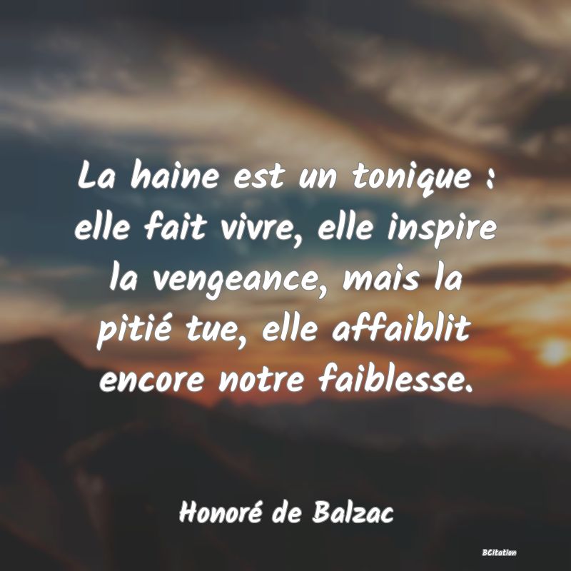 image de citation: La haine est un tonique : elle fait vivre, elle inspire la vengeance, mais la pitié tue, elle affaiblit encore notre faiblesse.