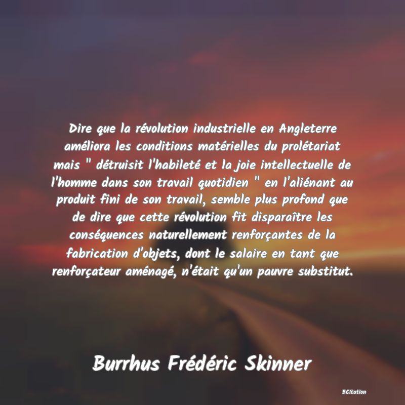 image de citation: Dire que la révolution industrielle en Angleterre améliora les conditions matérielles du prolétariat mais   détruisit l'habileté et la joie intellectuelle de l'homme dans son travail quotidien   en l'aliénant au produit fini de son travail, semble plus profond que de dire que cette révolution fit disparaître les conséquences naturellement renforçantes de la fabrication d'objets, dont le salaire en tant que renforçateur aménagé, n'était qu'un pauvre substitut.