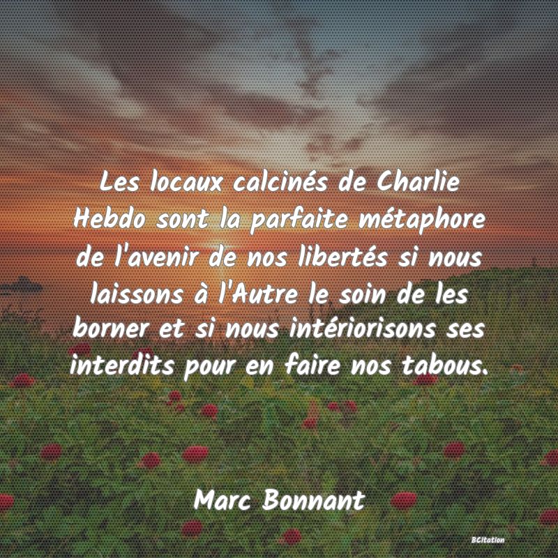 image de citation: Les locaux calcinés de Charlie Hebdo sont la parfaite métaphore de l'avenir de nos libertés si nous laissons à l'Autre le soin de les borner et si nous intériorisons ses interdits pour en faire nos tabous.