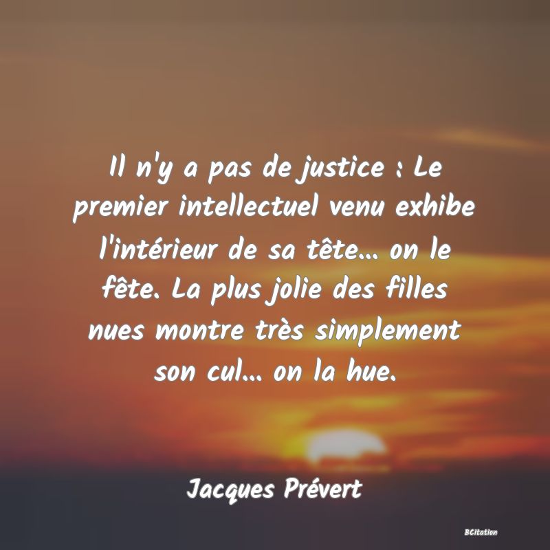 image de citation: Il n'y a pas de justice : Le premier intellectuel venu exhibe l'intérieur de sa tête... on le fête. La plus jolie des filles nues montre très simplement son cul... on la hue.