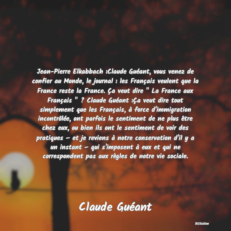 image de citation: Jean-Pierre Elkabbach :Claude Guéant, vous venez de confier au Monde, le journal : les Français veulent que la France reste la France. Ça veut dire   La France aux Français   ? Claude Guéant :Ça veut dire tout simplement que les Français, à force d'immigration incontrôlée, ont parfois le sentiment de ne plus être chez eux, ou bien ils ont le sentiment de voir des pratiques – et je reviens à notre conservation d'il y a un instant – qui s'imposent à eux et qui ne correspondent pas aux règles de notre vie sociale.